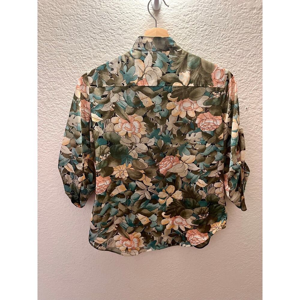 Vintage 70s Pucci Floral Blouse 9/10 Roll Tab Sleeve Boho Secretary Shirt Boho - Picture 6 of 11